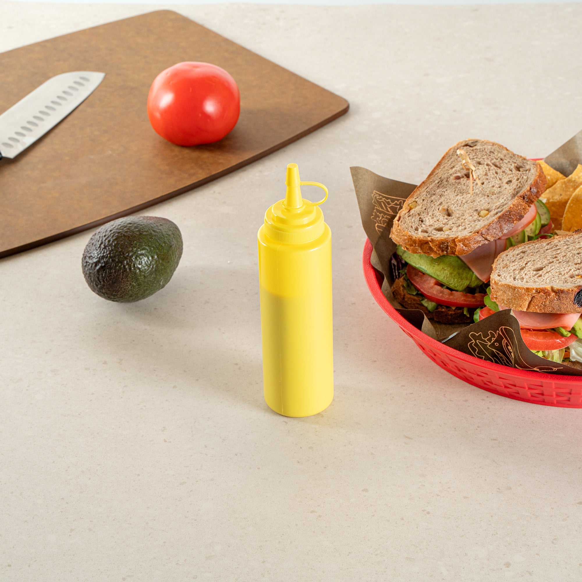 Sauce Tek 8 oz Yellow Plastic Squeeze Bottle - with Cap, Wide Mouth - 2" x 2" x 7 1/4" - 1 count box