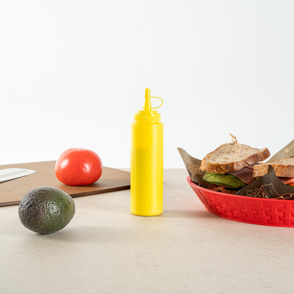 Sauce Tek 8 oz Yellow Plastic Squeeze Bottle - with Cap, Wide Mouth - 2" x 2" x 7 1/4" - 1 count box