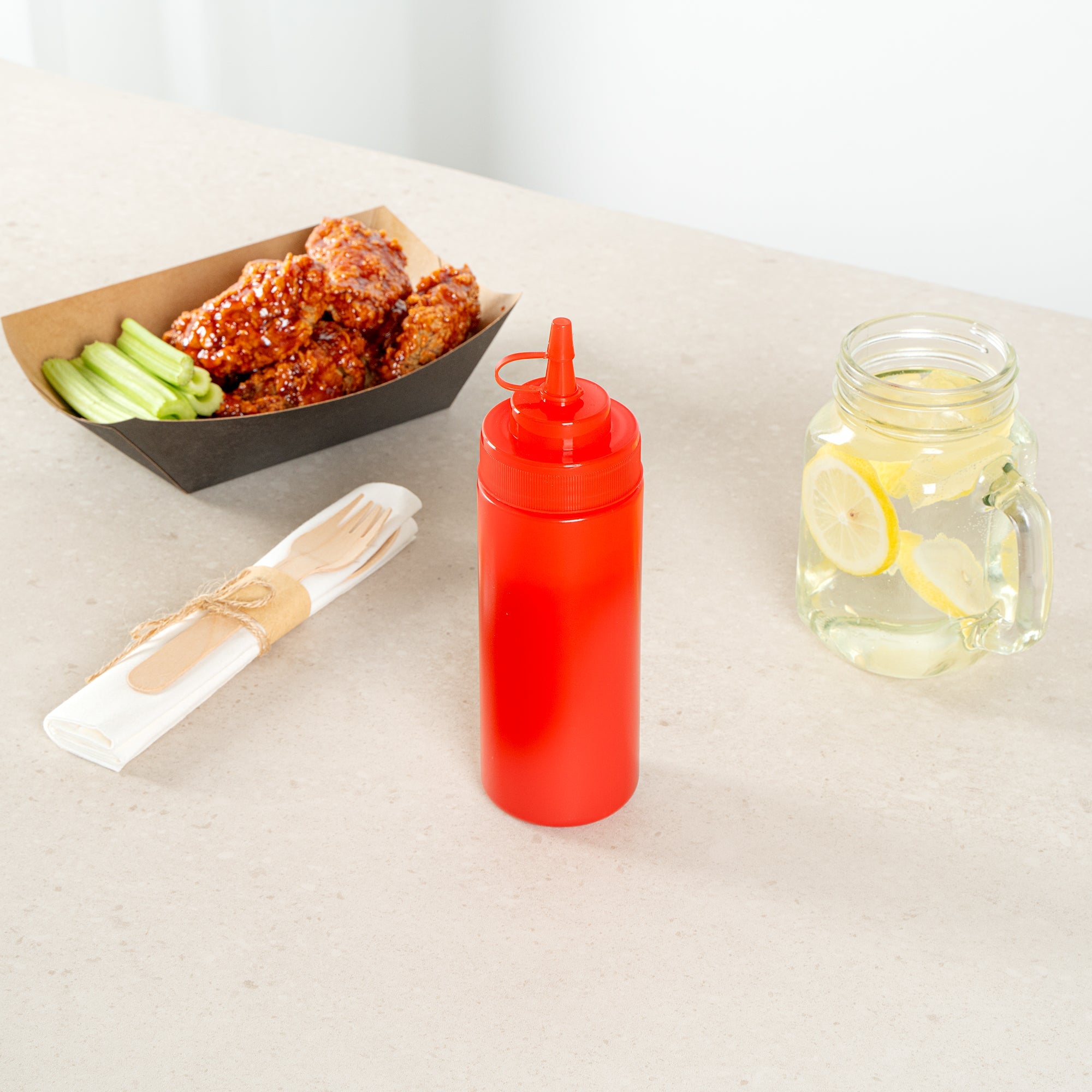Sauce Tek 12 oz Red Plastic Squeeze Bottle - with Cap, Wide Mouth - 2 1/4" x 2 1/4" x 7 3/4" - 1 count box