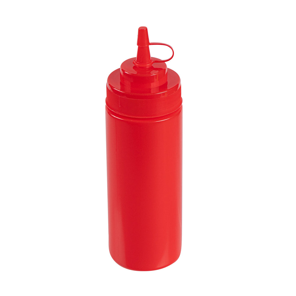 Sauce Tek 12 oz Red Plastic Squeeze Bottle - with Cap, Wide Mouth - 2 1/4" x 2 1/4" x 7 3/4" - 1 count box