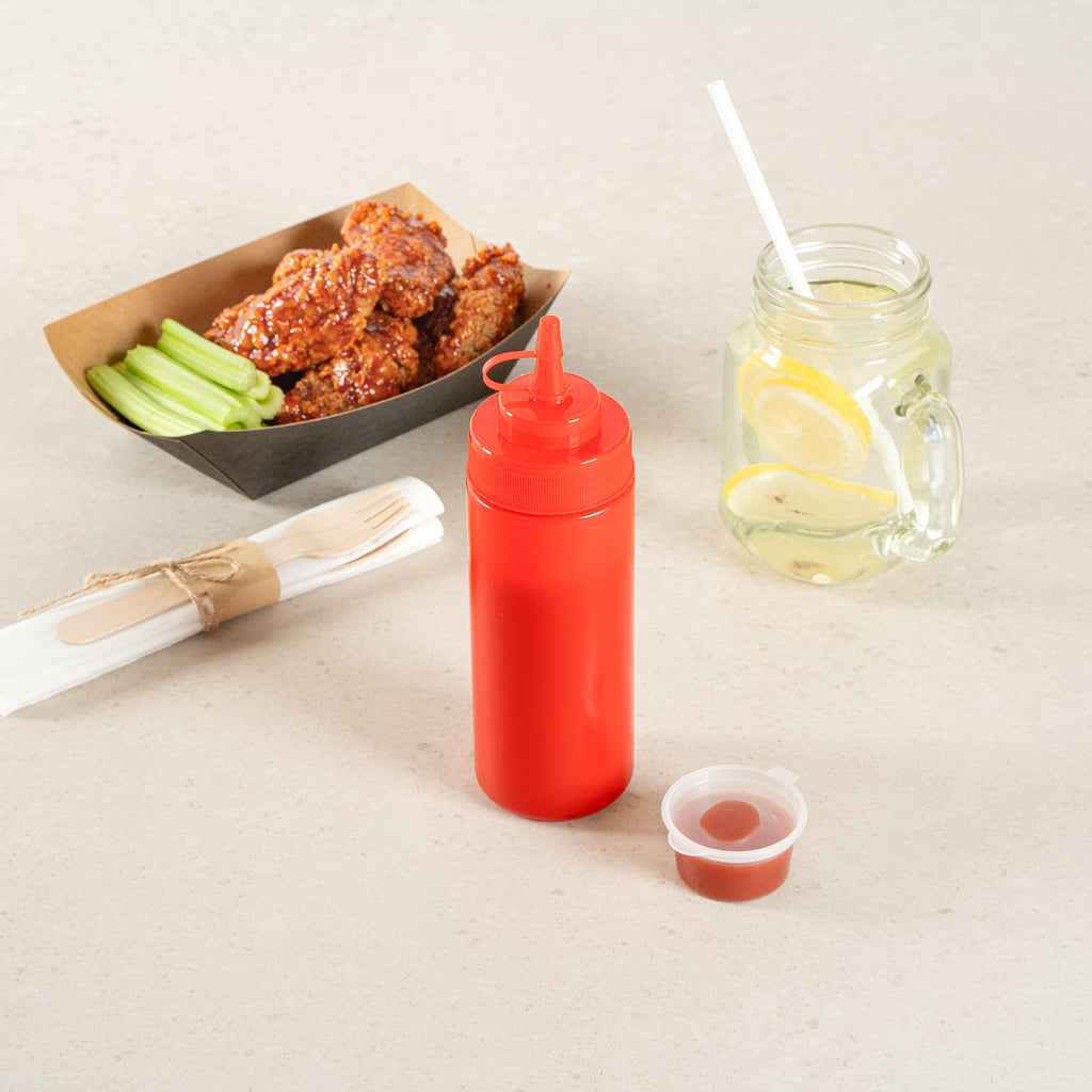 Sauce Tek 12 oz Red Plastic Squeeze Bottle - with Cap, Wide Mouth - 2 1/4" x 2 1/4" x 7 3/4" - 1 count box