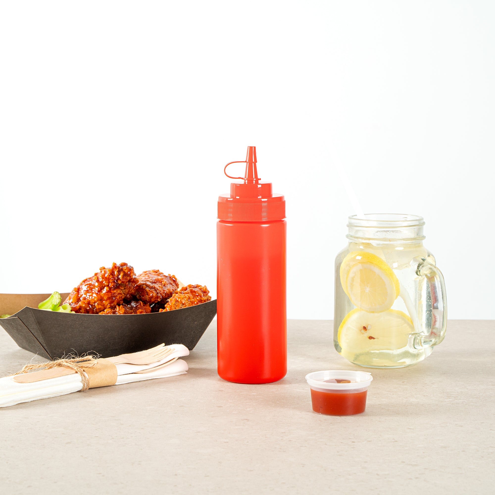 Sauce Tek 12 oz Red Plastic Squeeze Bottle - with Cap, Wide Mouth - 2 1/4" x 2 1/4" x 7 3/4" - 1 count box