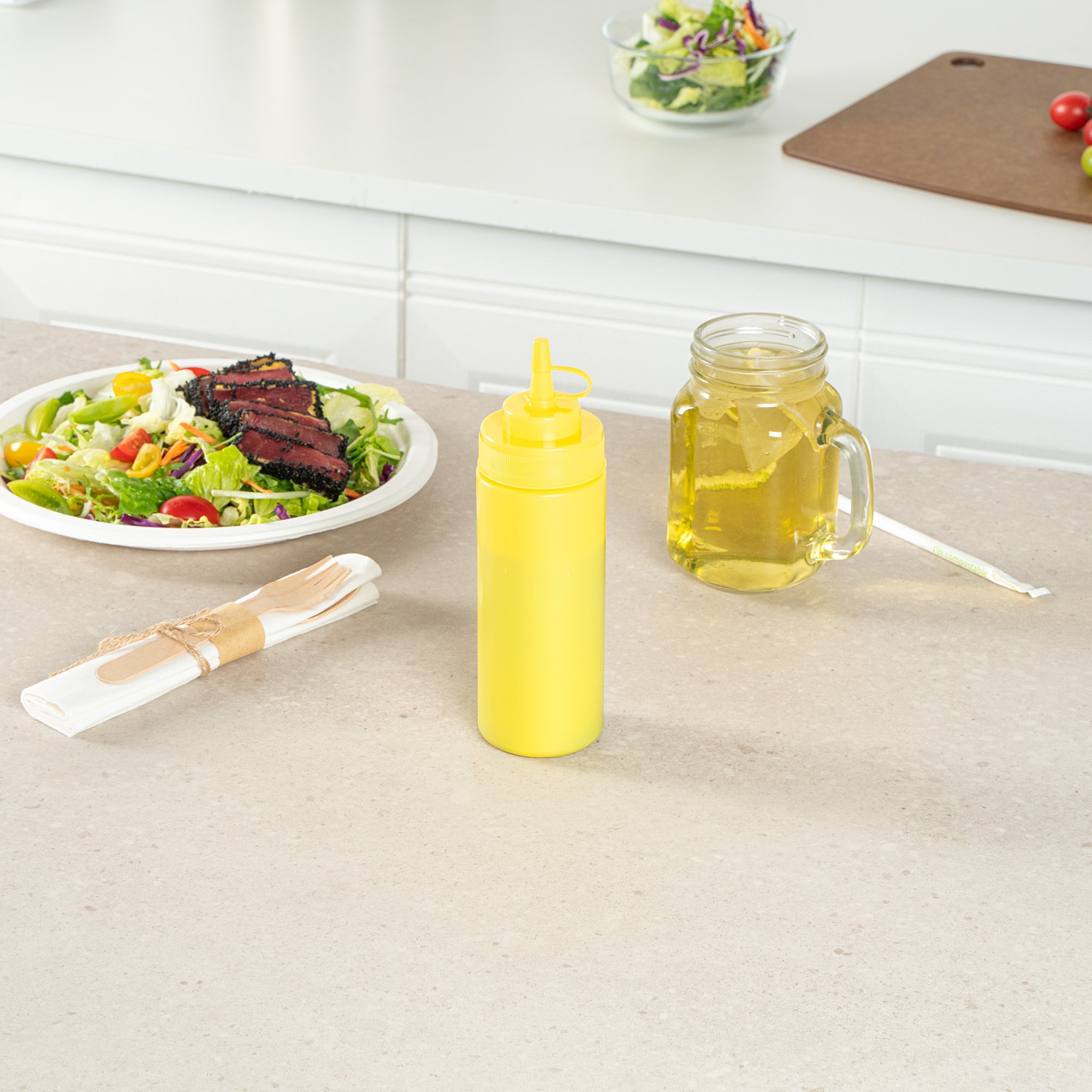 Sauce Tek 12 oz Yellow Plastic Squeeze Bottle - with Cap, Wide Mouth - 2 1/4" x 2 1/4" x 7 3/4" - 1 count box