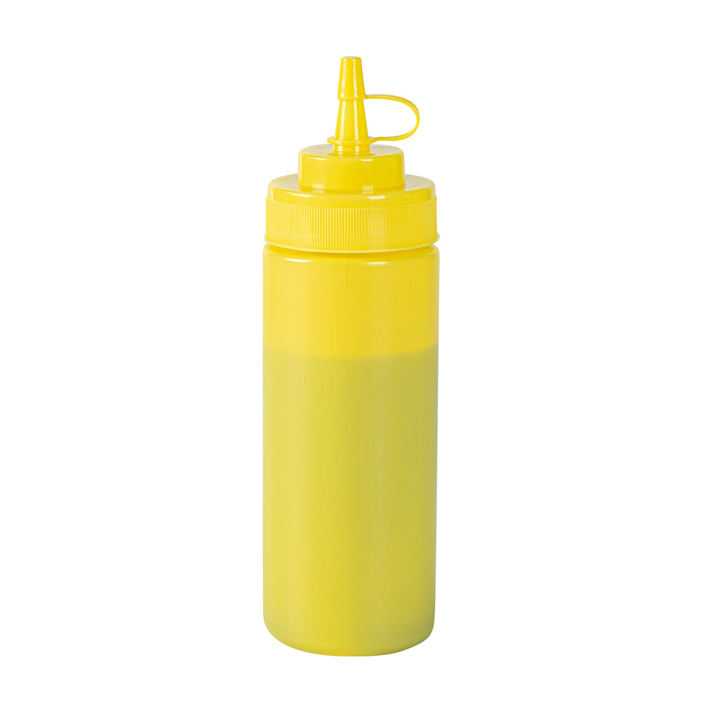 Sauce Tek 12 oz Yellow Plastic Squeeze Bottle - with Cap, Wide Mouth - 2 1/4" x 2 1/4" x 7 3/4" - 1 count box