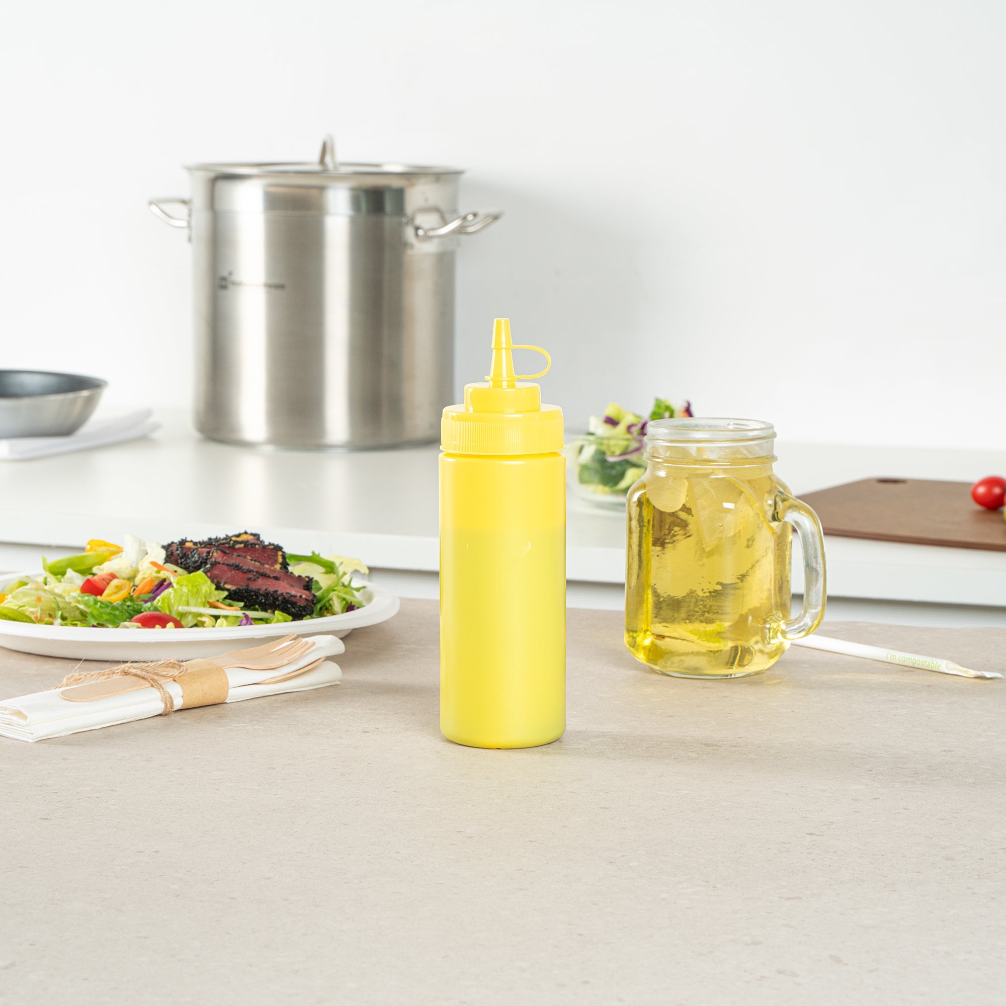 Sauce Tek 12 oz Yellow Plastic Squeeze Bottle - with Cap, Wide Mouth - 2 1/4" x 2 1/4" x 7 3/4" - 1 count box