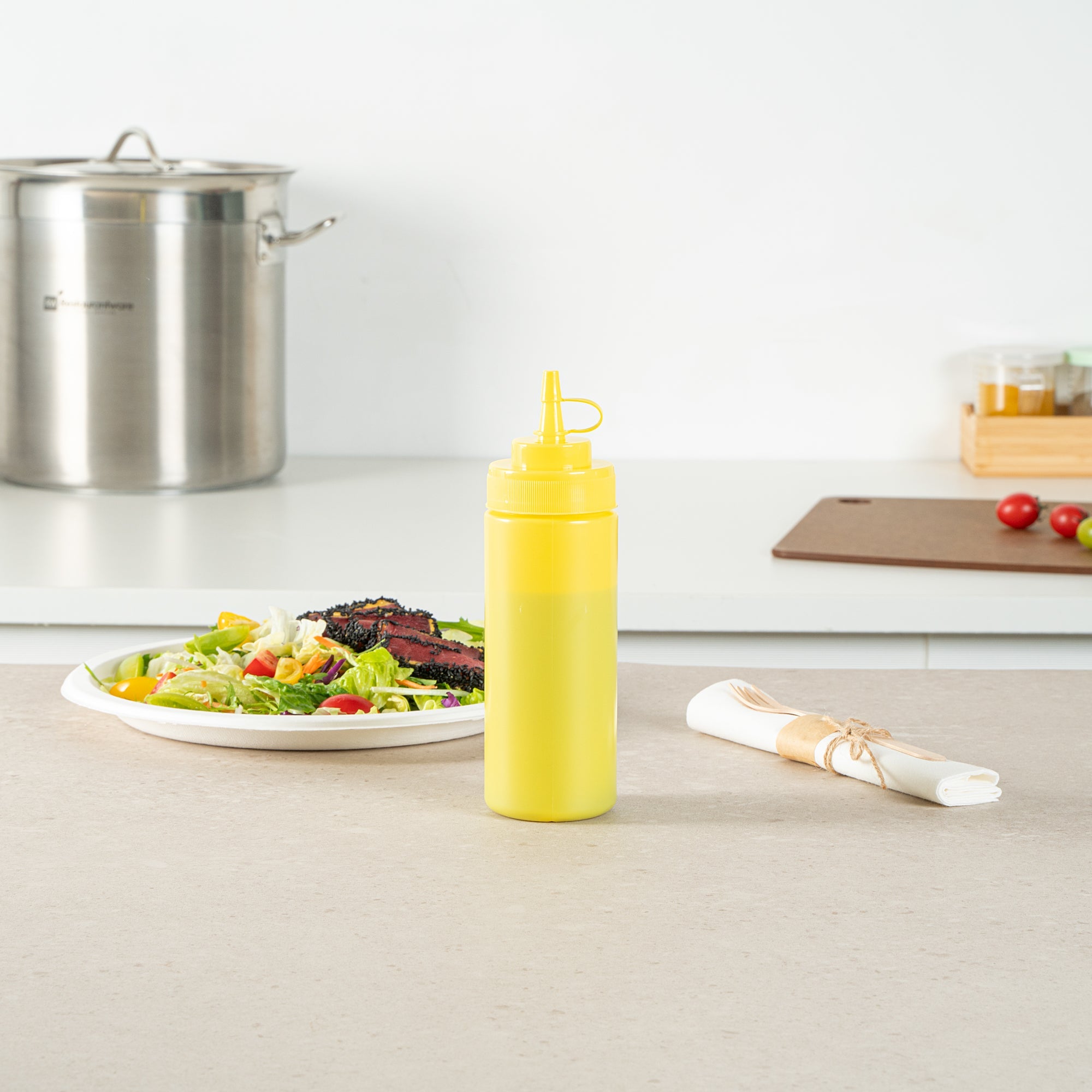 Sauce Tek 12 oz Yellow Plastic Squeeze Bottle - with Cap, Wide Mouth - 2 1/4" x 2 1/4" x 7 3/4" - 1 count box