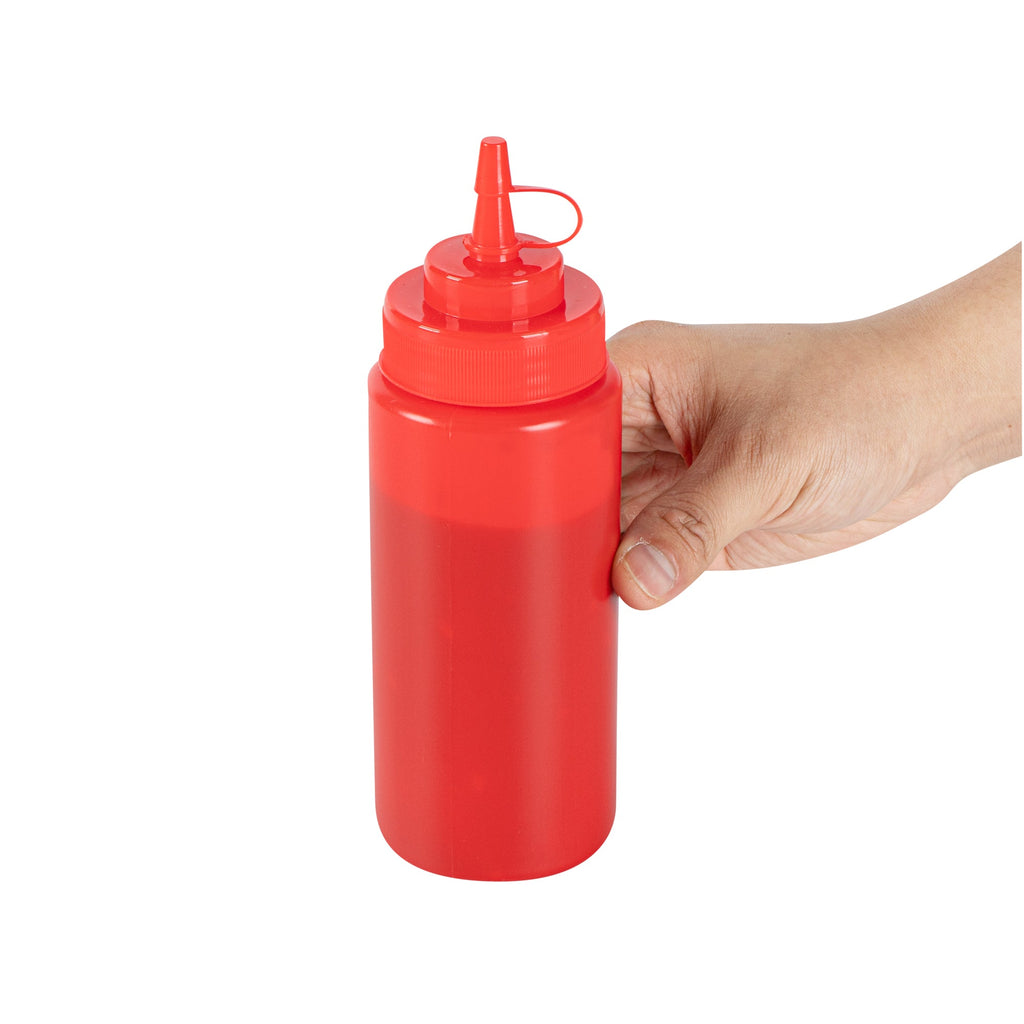 Sauce Tek 16 oz Red Plastic Squeeze Bottle - with Cap, Wide Mouth - 2 1/2" x 2 1/2" x 7 3/4" - 1 count box