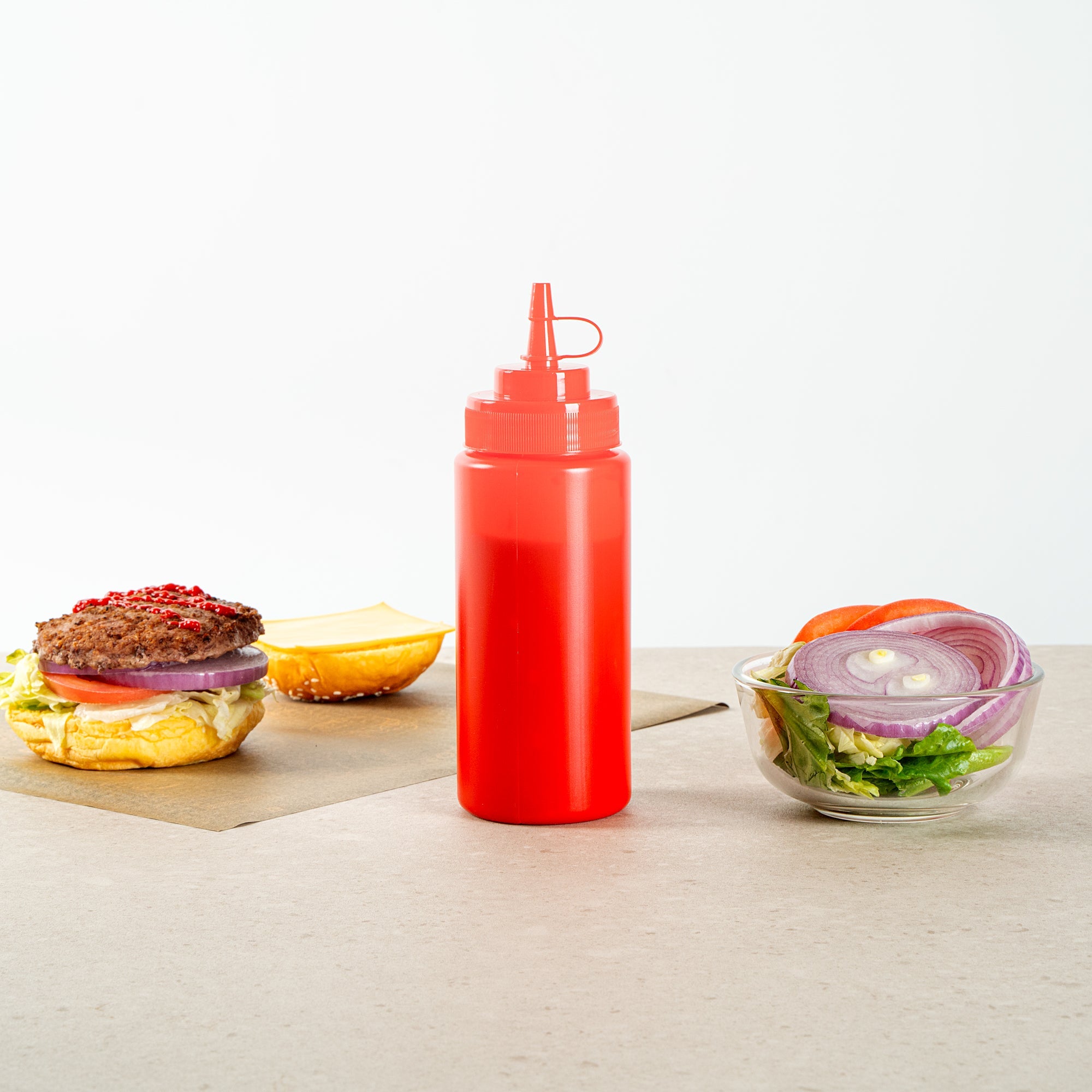 Sauce Tek 16 oz Red Plastic Squeeze Bottle - with Cap, Wide Mouth - 2 1/2" x 2 1/2" x 7 3/4" - 1 count box