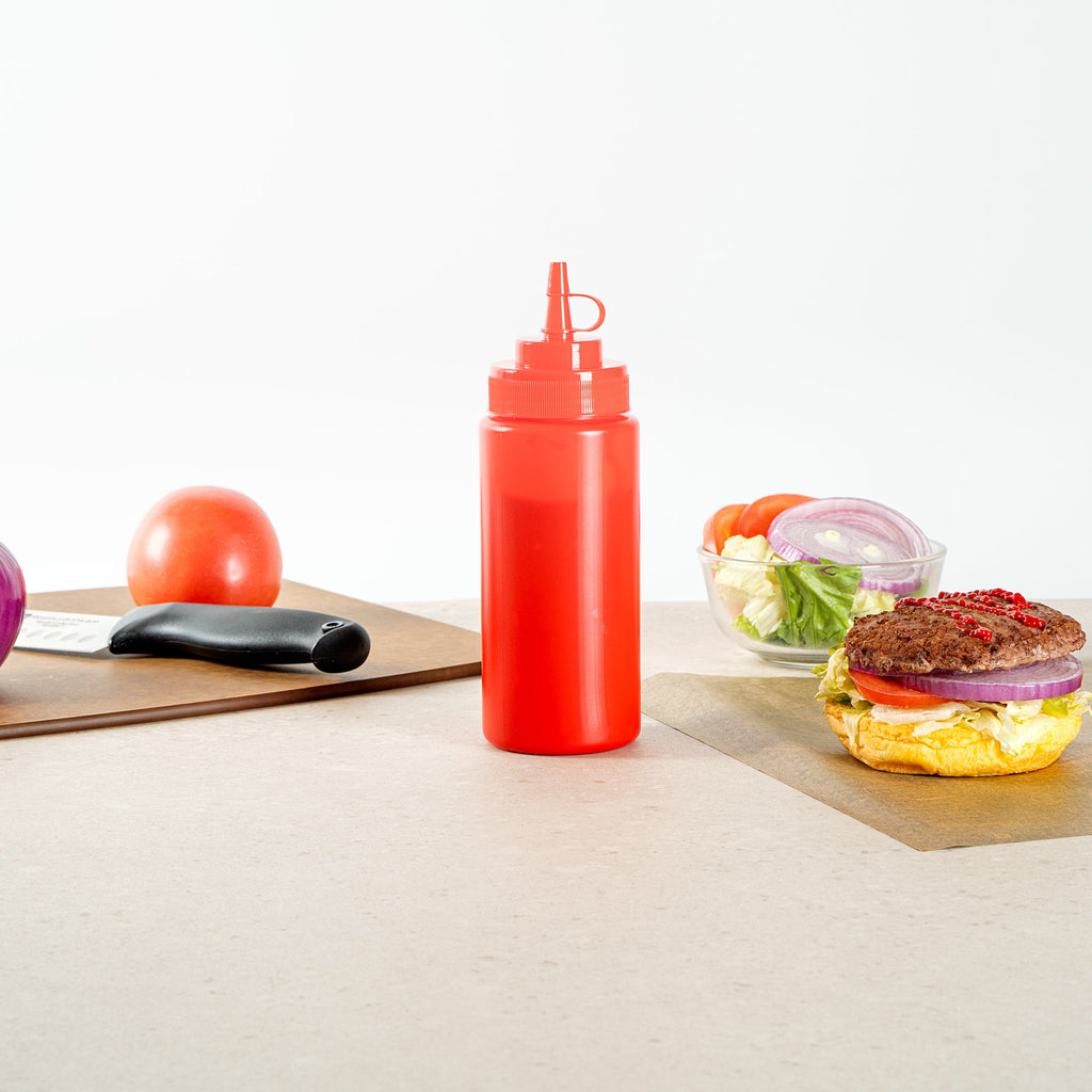 Sauce Tek 16 oz Red Plastic Squeeze Bottle - with Cap, Wide Mouth - 2 1/2" x 2 1/2" x 7 3/4" - 1 count box