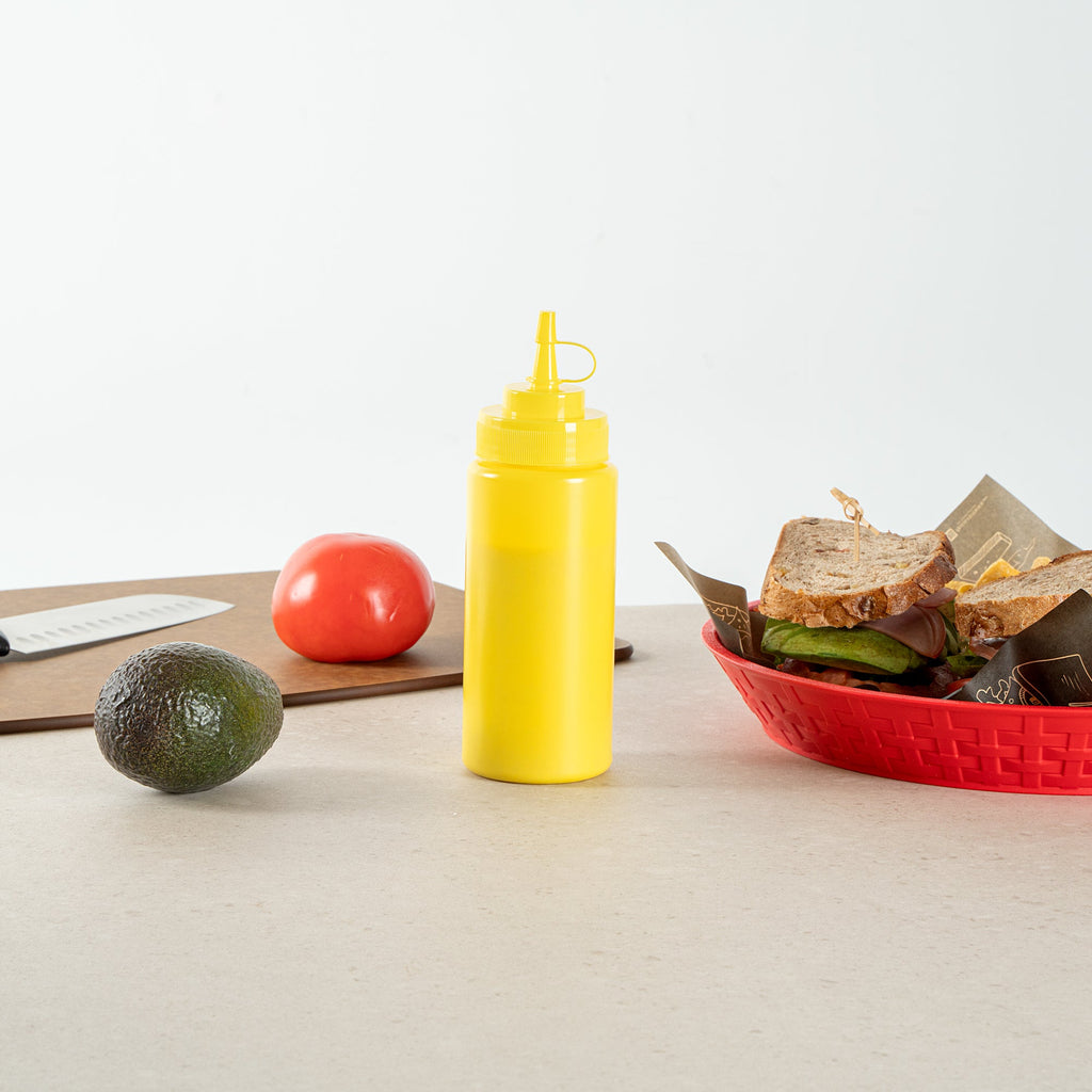 Sauce Tek 16 oz Yellow Plastic Squeeze Bottle - with Cap, Wide Mouth - 2 1/2" x 2 1/2" x 7 3/4" - 1 count box