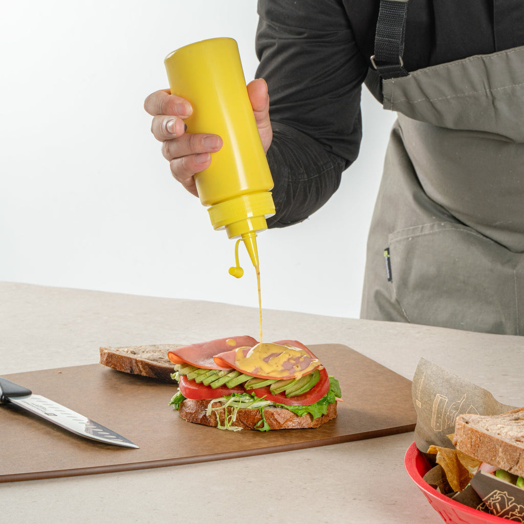 Sauce Tek 16 oz Yellow Plastic Squeeze Bottle - with Cap, Wide Mouth - 2 1/2" x 2 1/2" x 7 3/4" - 1 count box