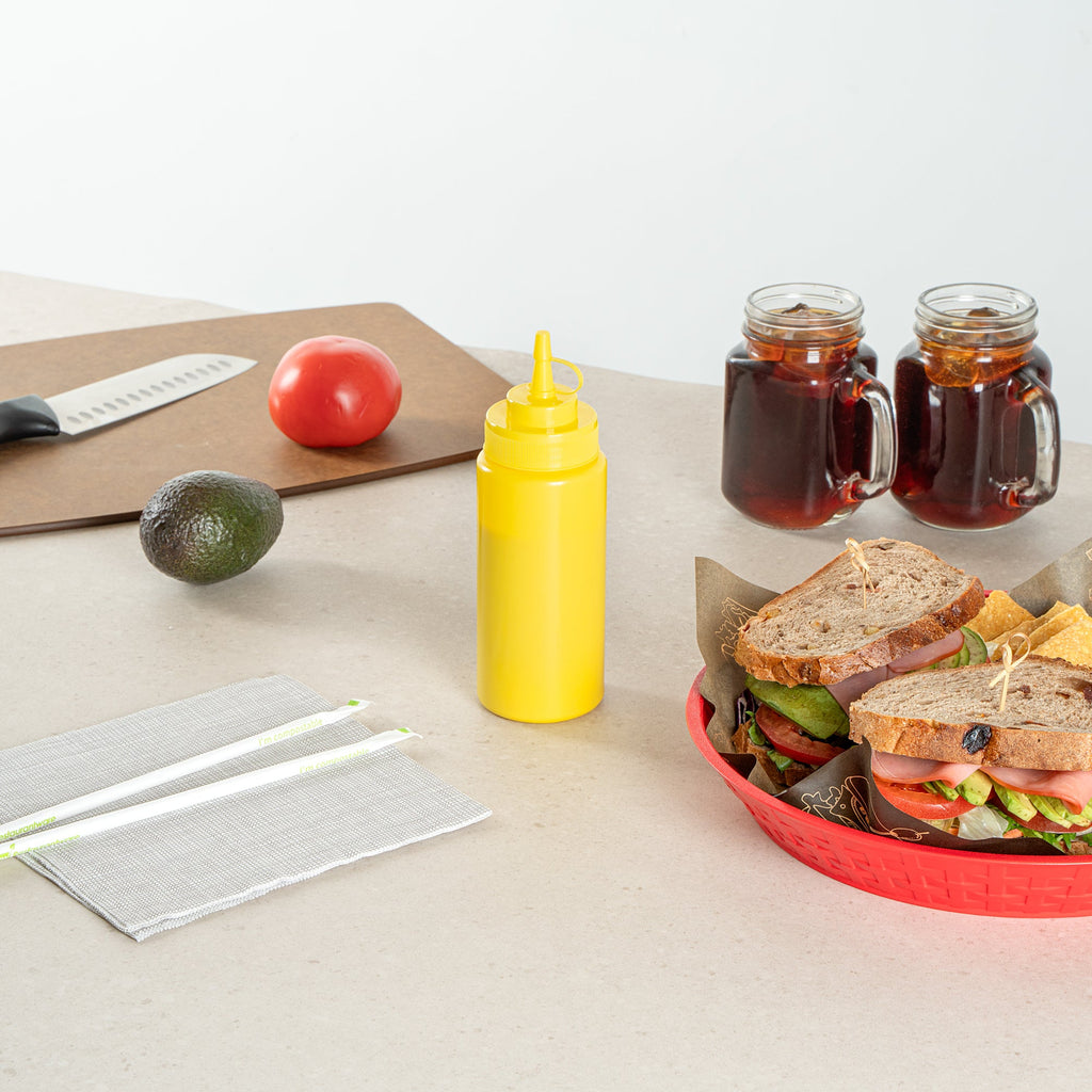 Sauce Tek 16 oz Yellow Plastic Squeeze Bottle - with Cap, Wide Mouth - 2 1/2" x 2 1/2" x 7 3/4" - 1 count box