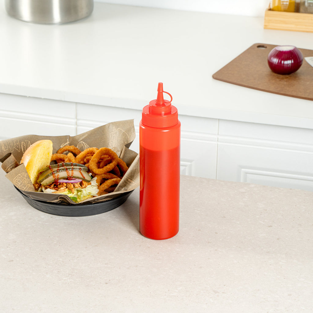 Sauce Tek 24 oz Red Plastic Squeeze Bottle - with Cap, Wide Mouth - 2 1/2" x 2 1/2" x 10 1/4" - 1 count box