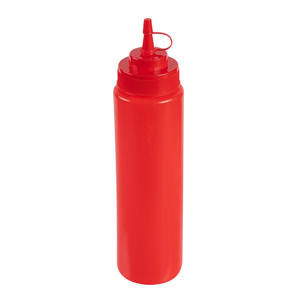 Sauce Tek 24 oz Red Plastic Squeeze Bottle - with Cap, Wide Mouth - 2 1/2" x 2 1/2" x 10 1/4" - 1 count box