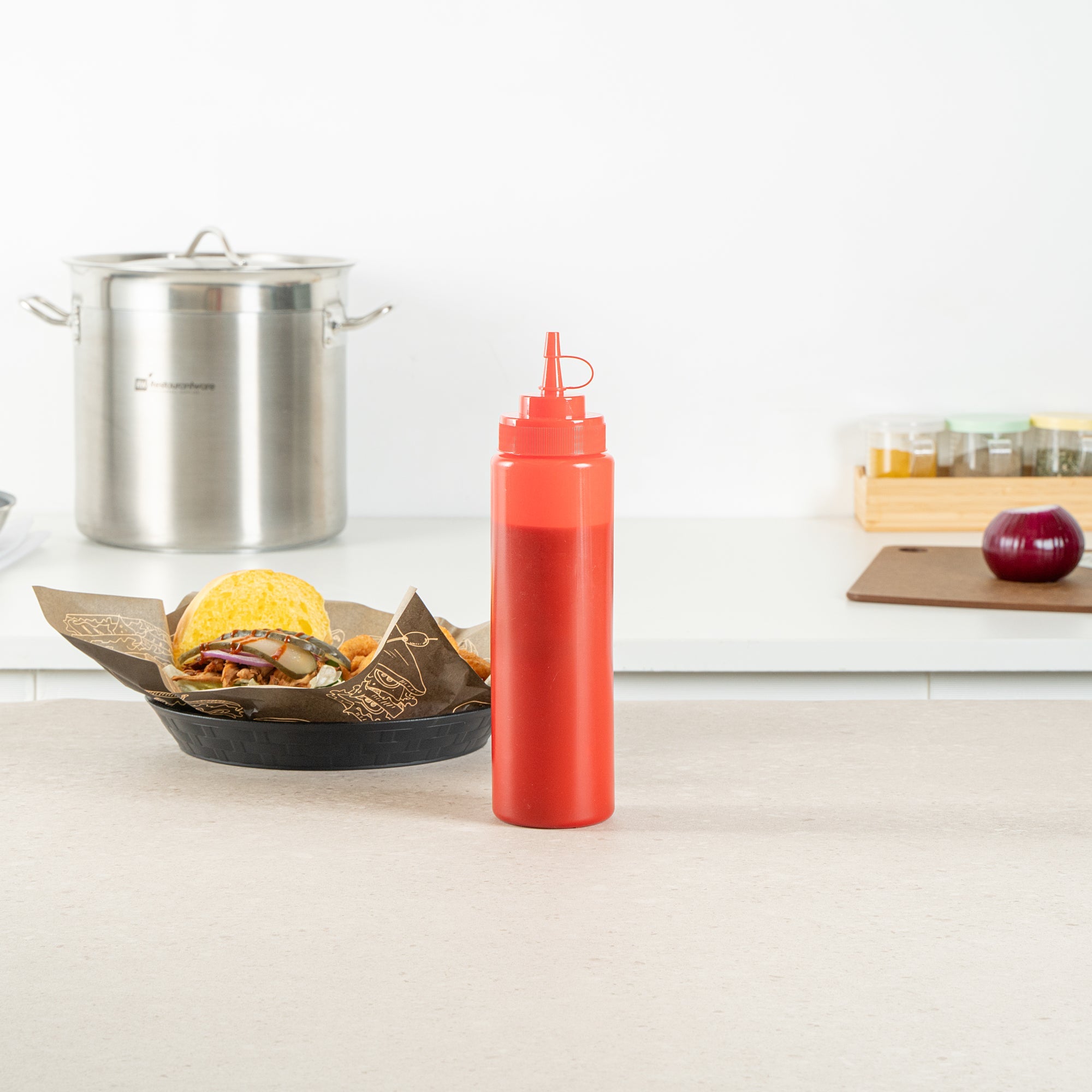 Sauce Tek 24 oz Red Plastic Squeeze Bottle - with Cap, Wide Mouth - 2 1/2" x 2 1/2" x 10 1/4" - 1 count box