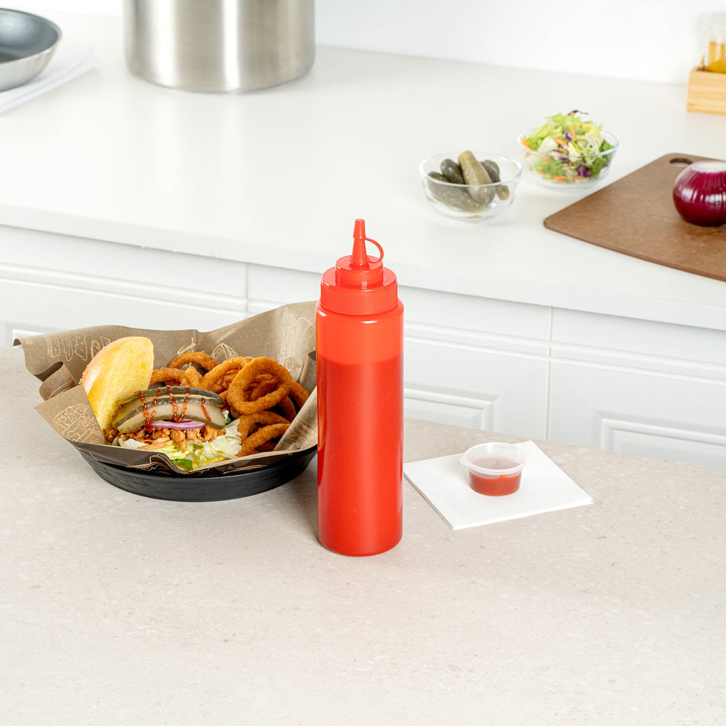 Sauce Tek 24 oz Red Plastic Squeeze Bottle - with Cap, Wide Mouth - 2 1/2" x 2 1/2" x 10 1/4" - 1 count box