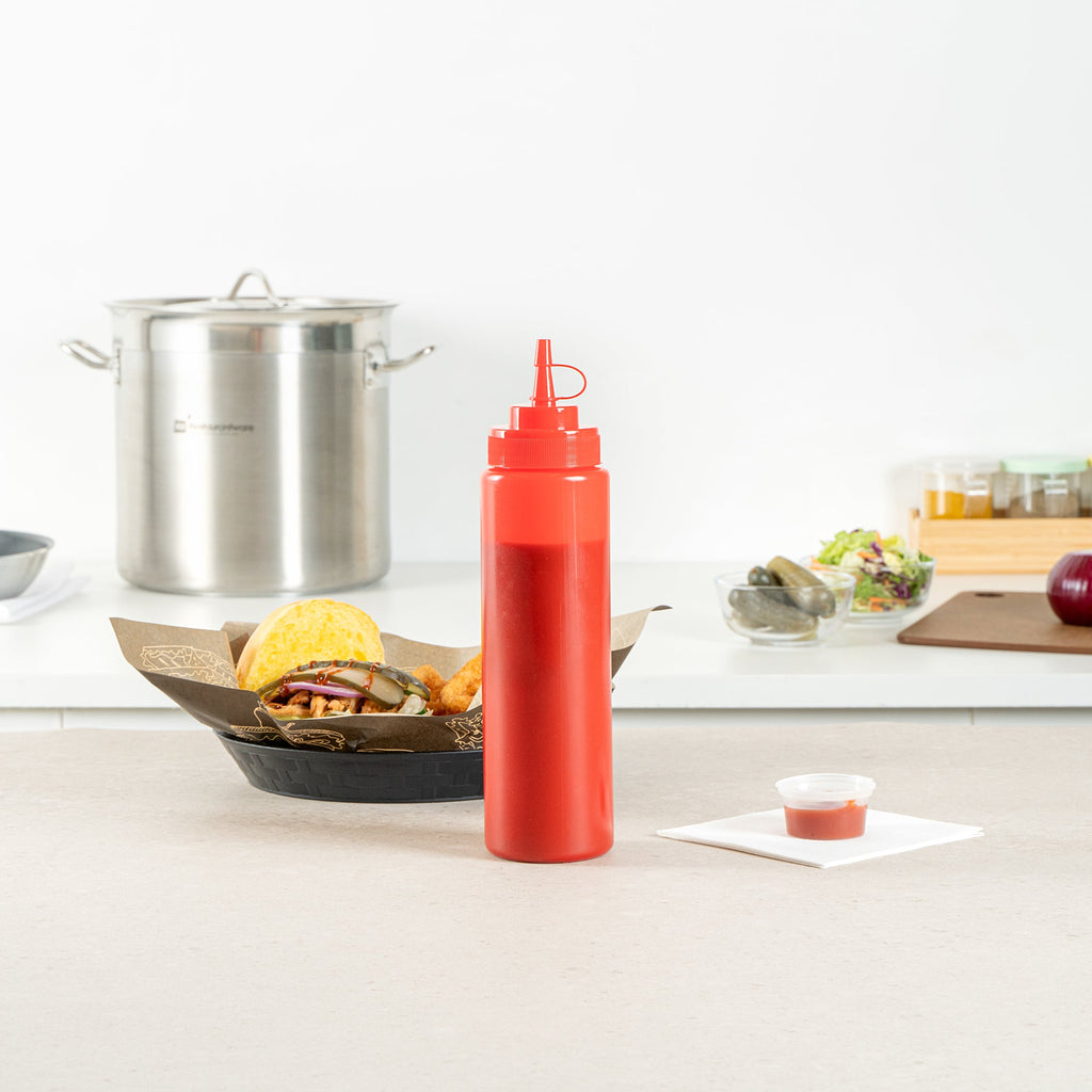Sauce Tek 24 oz Red Plastic Squeeze Bottle - with Cap, Wide Mouth - 2 1/2" x 2 1/2" x 10 1/4" - 1 count box