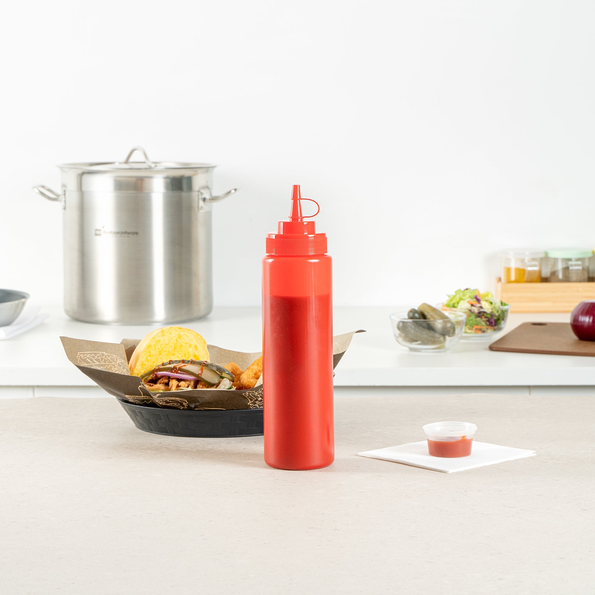 Sauce Tek 24 oz Red Plastic Squeeze Bottle - with Cap, Wide Mouth - 2 1/2" x 2 1/2" x 10 1/4" - 1 count box