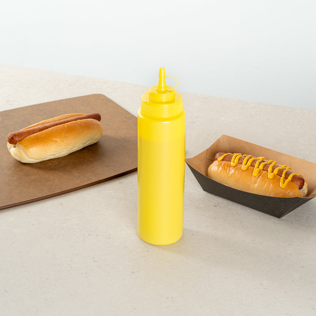Sauce Tek 24 oz Yellow Plastic Squeeze Bottle - with Cap, Wide Mouth - 2 1/2" x 2 1/2" x 10 1/4" - 1 count box