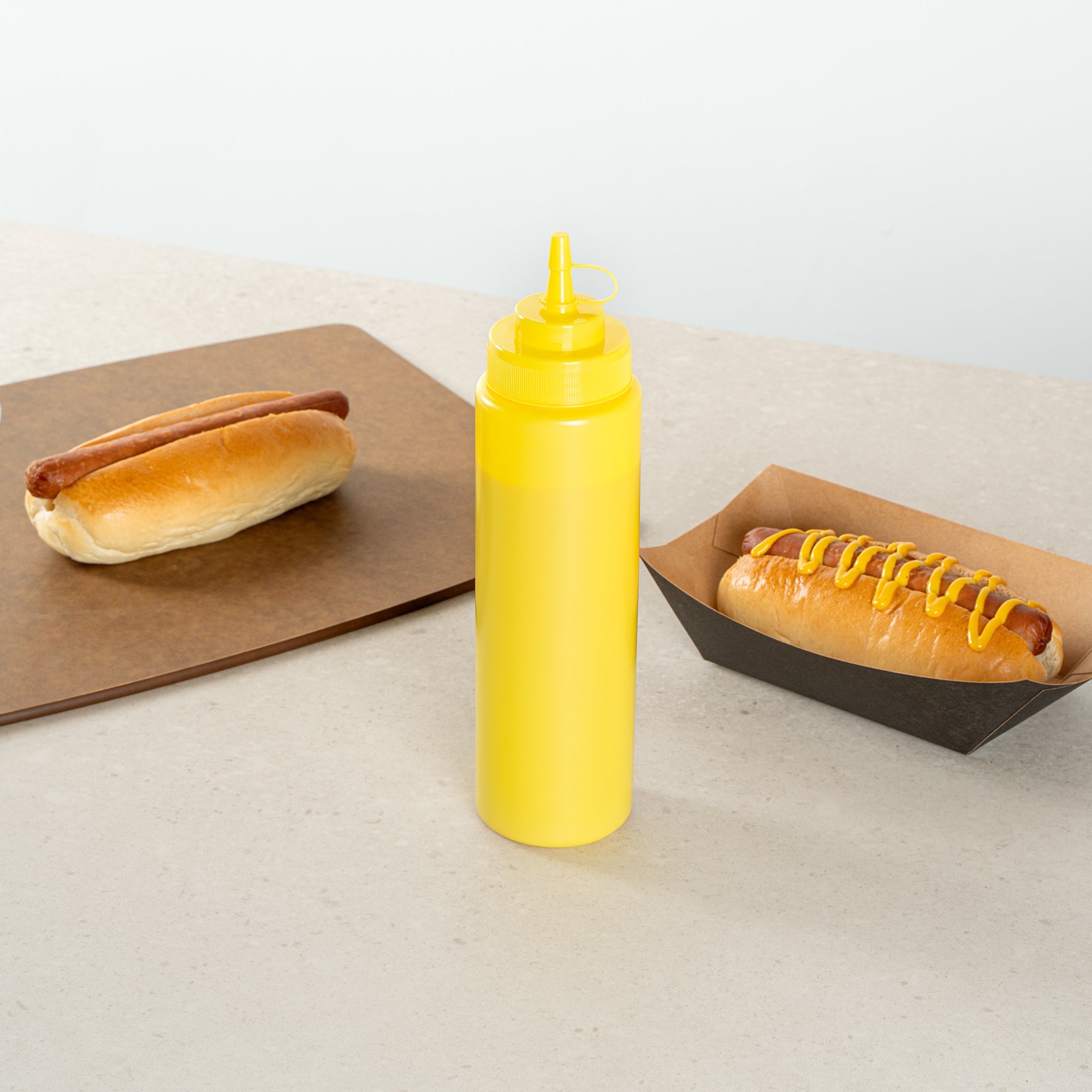 Sauce Tek 24 oz Yellow Plastic Squeeze Bottle - with Cap, Wide Mouth - 2 1/2" x 2 1/2" x 10 1/4" - 1 count box
