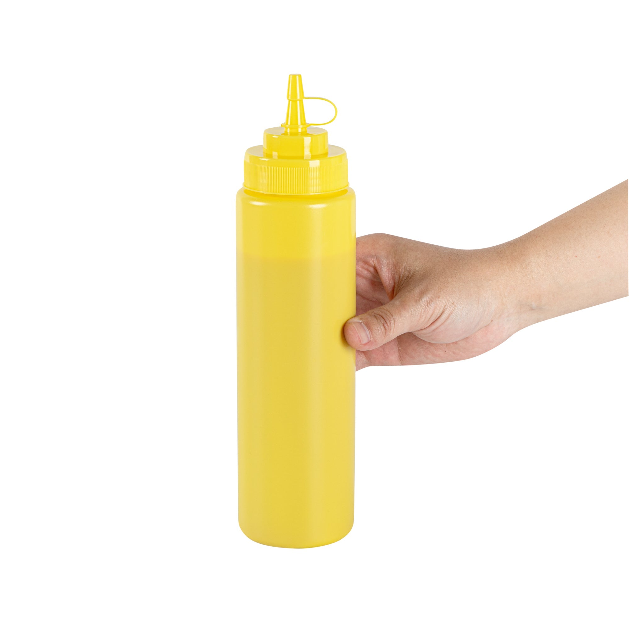 Sauce Tek 24 oz Yellow Plastic Squeeze Bottle - with Cap, Wide Mouth - 2 1/2" x 2 1/2" x 10 1/4" - 1 count box