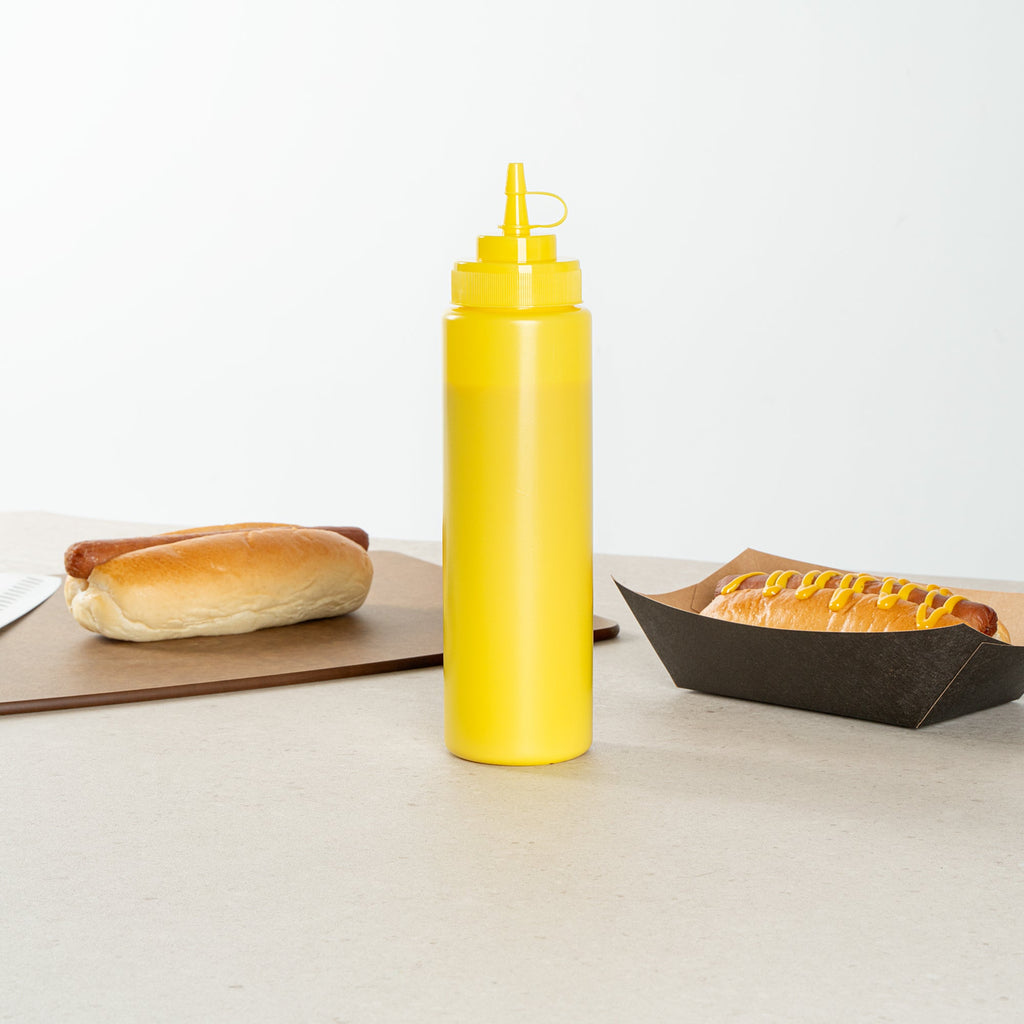 Sauce Tek 24 oz Yellow Plastic Squeeze Bottle - with Cap, Wide Mouth - 2 1/2" x 2 1/2" x 10 1/4" - 1 count box