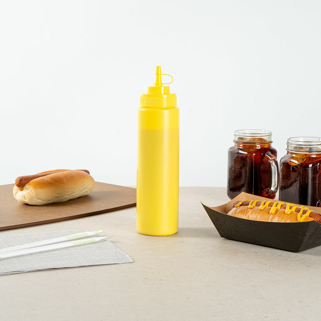 Sauce Tek 24 oz Yellow Plastic Squeeze Bottle - with Cap, Wide Mouth - 2 1/2" x 2 1/2" x 10 1/4" - 1 count box