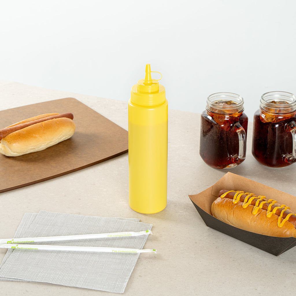 Sauce Tek 24 oz Yellow Plastic Squeeze Bottle - with Cap, Wide Mouth - 2 1/2" x 2 1/2" x 10 1/4" - 1 count box