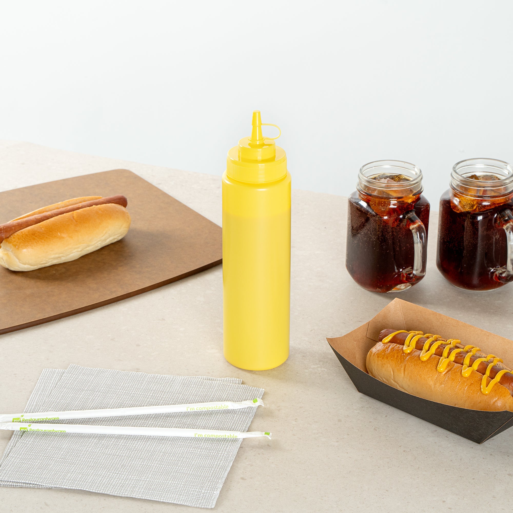 Sauce Tek 24 oz Yellow Plastic Squeeze Bottle - with Cap, Wide Mouth - 2 1/2" x 2 1/2" x 10 1/4" - 1 count box