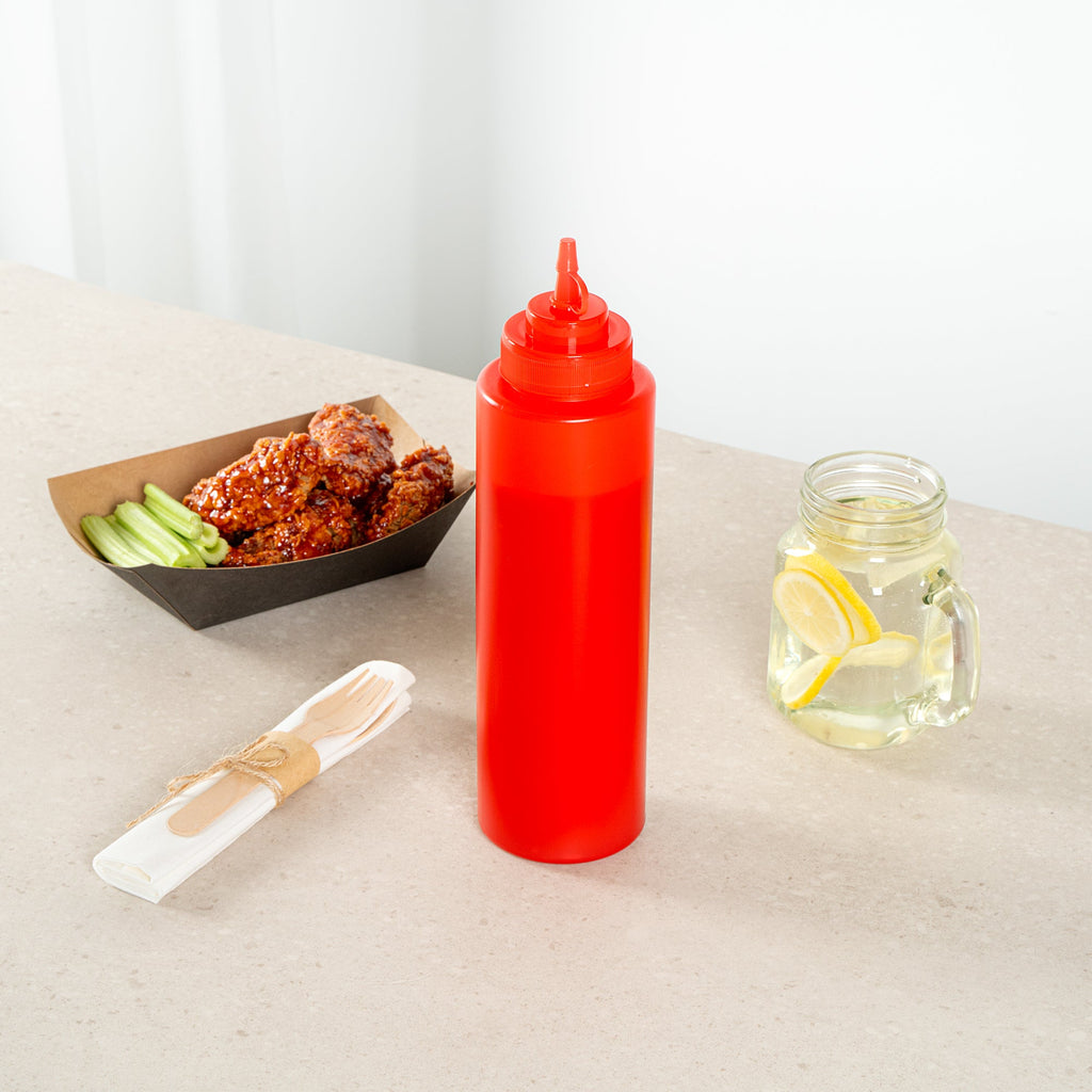 Sauce Tek 32 oz Red Plastic Squeeze Bottle - with Cap, Wide Mouth - 3" x 3" x 11 1/2" - 1 count box