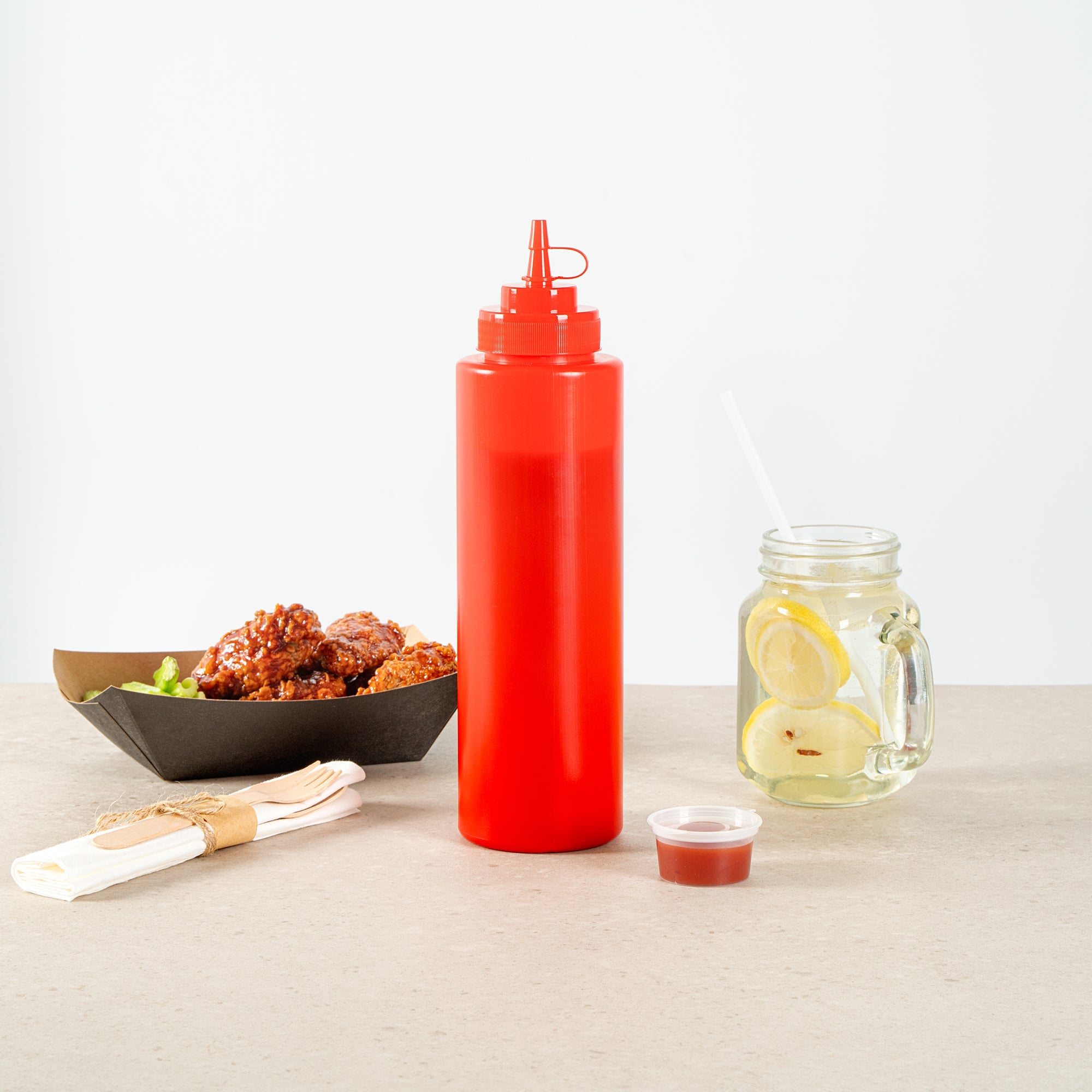 Sauce Tek 32 oz Red Plastic Squeeze Bottle - with Cap, Wide Mouth - 3" x 3" x 11 1/2" - 1 count box