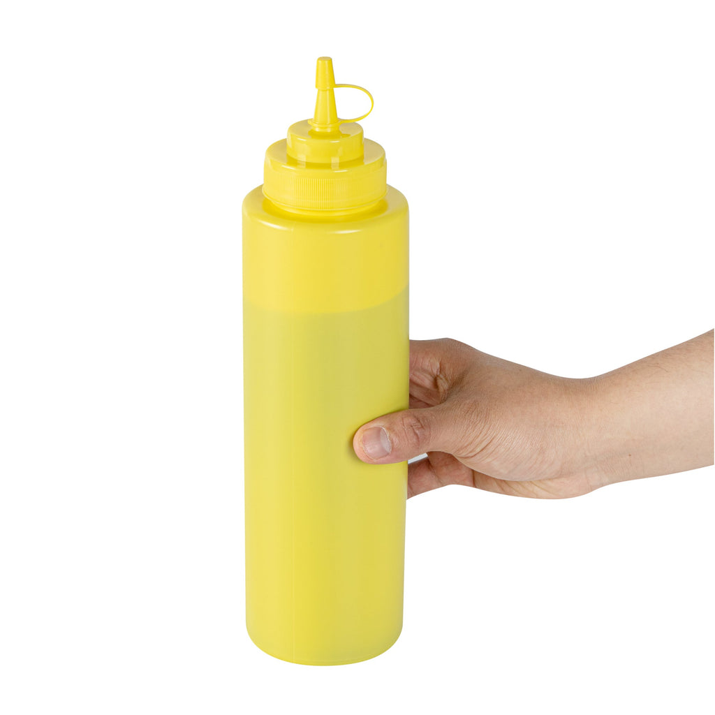 Sauce Tek 32 oz Yellow Plastic Squeeze Bottle - with Cap, Wide Mouth - 3" x 3" x 11 1/2" - 1 count box
