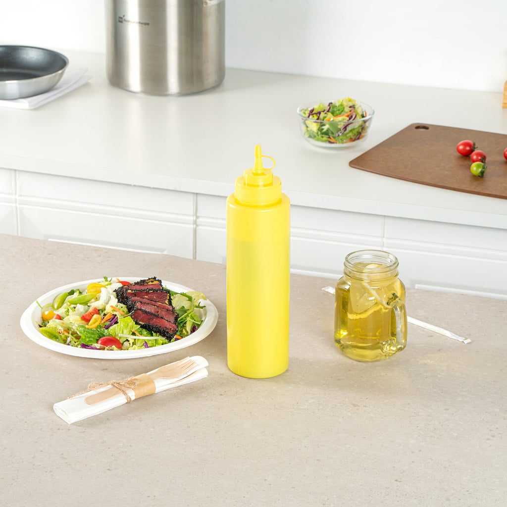 Sauce Tek 32 oz Yellow Plastic Squeeze Bottle - with Cap, Wide Mouth - 3" x 3" x 11 1/2" - 1 count box