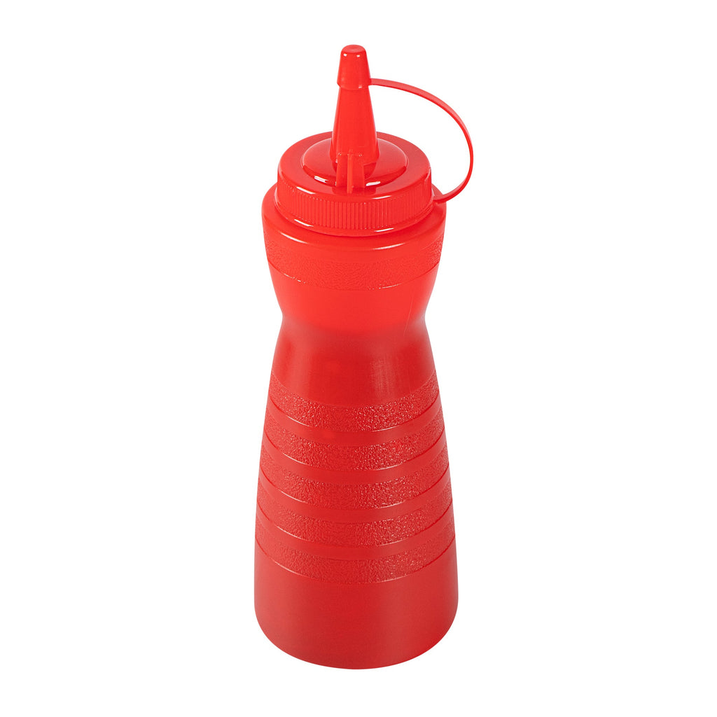 Sauce Tek 12 oz Red Plastic Squeeze Bottle - with Cap - 2 1/4" x 2 1/4" x 7 3/4" - 1 count box