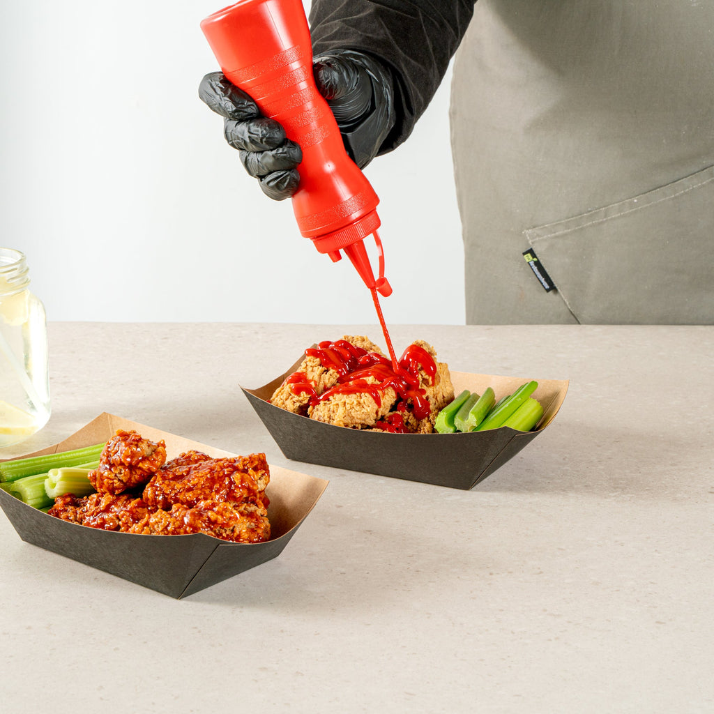 Sauce Tek 12 oz Red Plastic Squeeze Bottle - with Cap - 2 1/4" x 2 1/4" x 7 3/4" - 1 count box