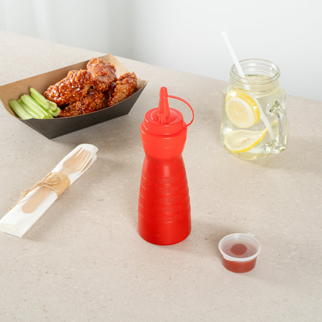 Sauce Tek 12 oz Red Plastic Squeeze Bottle - with Cap - 2 1/4" x 2 1/4" x 7 3/4" - 1 count box