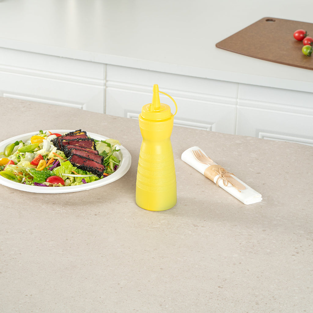 Sauce Tek 12 oz Yellow Plastic Squeeze Bottle - with Cap - 2 1/4" x 2 1/4" x 7 3/4" - 1 count box