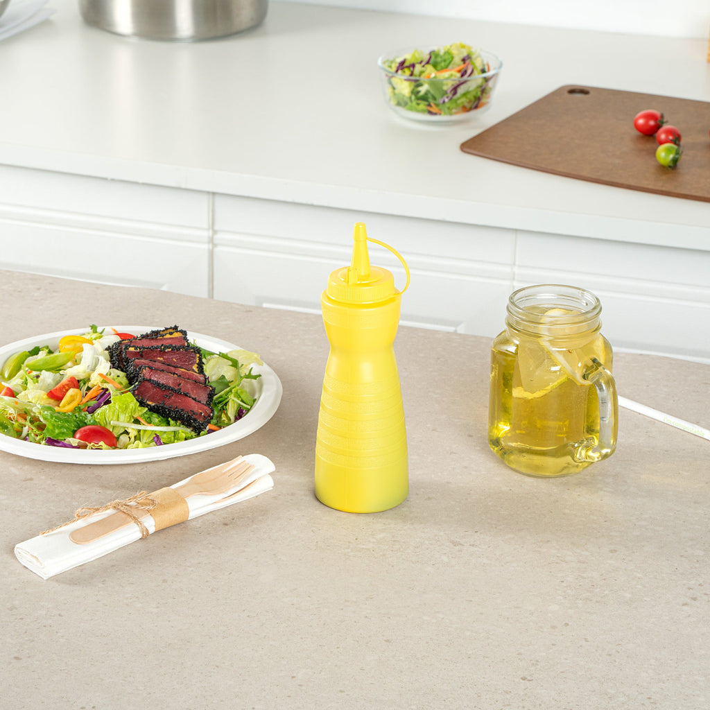 Sauce Tek 12 oz Yellow Plastic Squeeze Bottle - with Cap - 2 1/4" x 2 1/4" x 7 3/4" - 1 count box