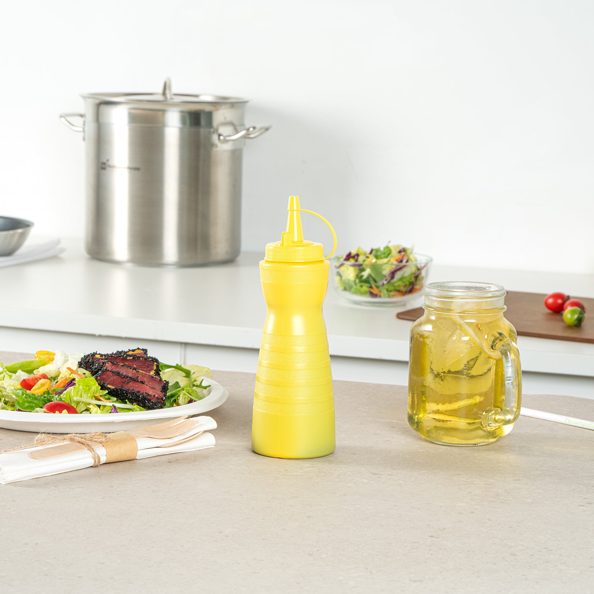 Sauce Tek 12 oz Yellow Plastic Squeeze Bottle - with Cap - 2 1/4" x 2 1/4" x 7 3/4" - 1 count box