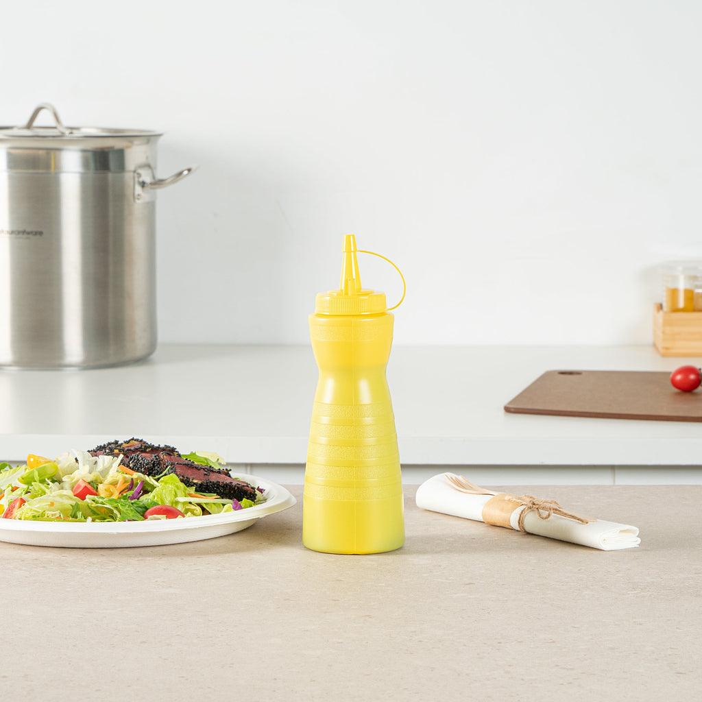 Sauce Tek 12 oz Yellow Plastic Squeeze Bottle - with Cap - 2 1/4" x 2 1/4" x 7 3/4" - 1 count box
