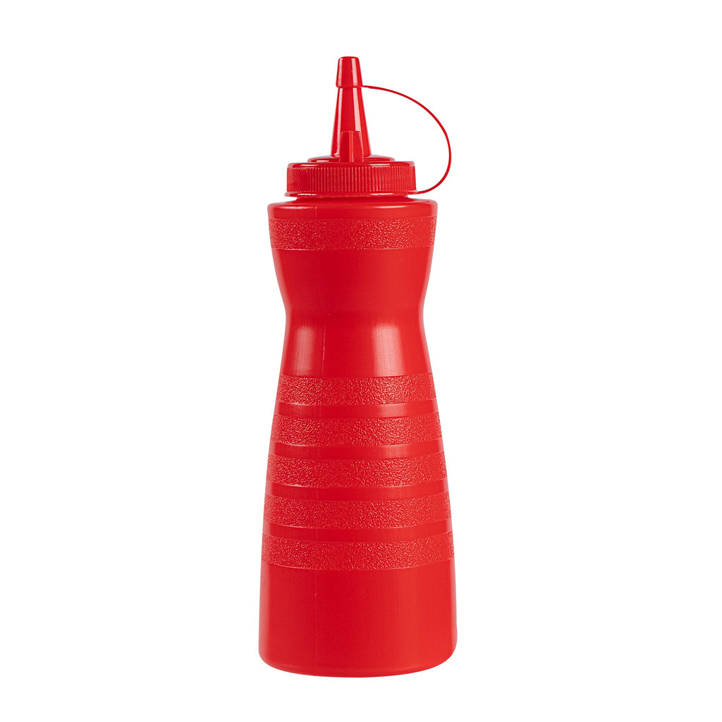Sauce Tek 16 oz Red Plastic Squeeze Bottle - with Cap - 2 3/4" x 2 3/4" x 7 3/4" - 1 count box
