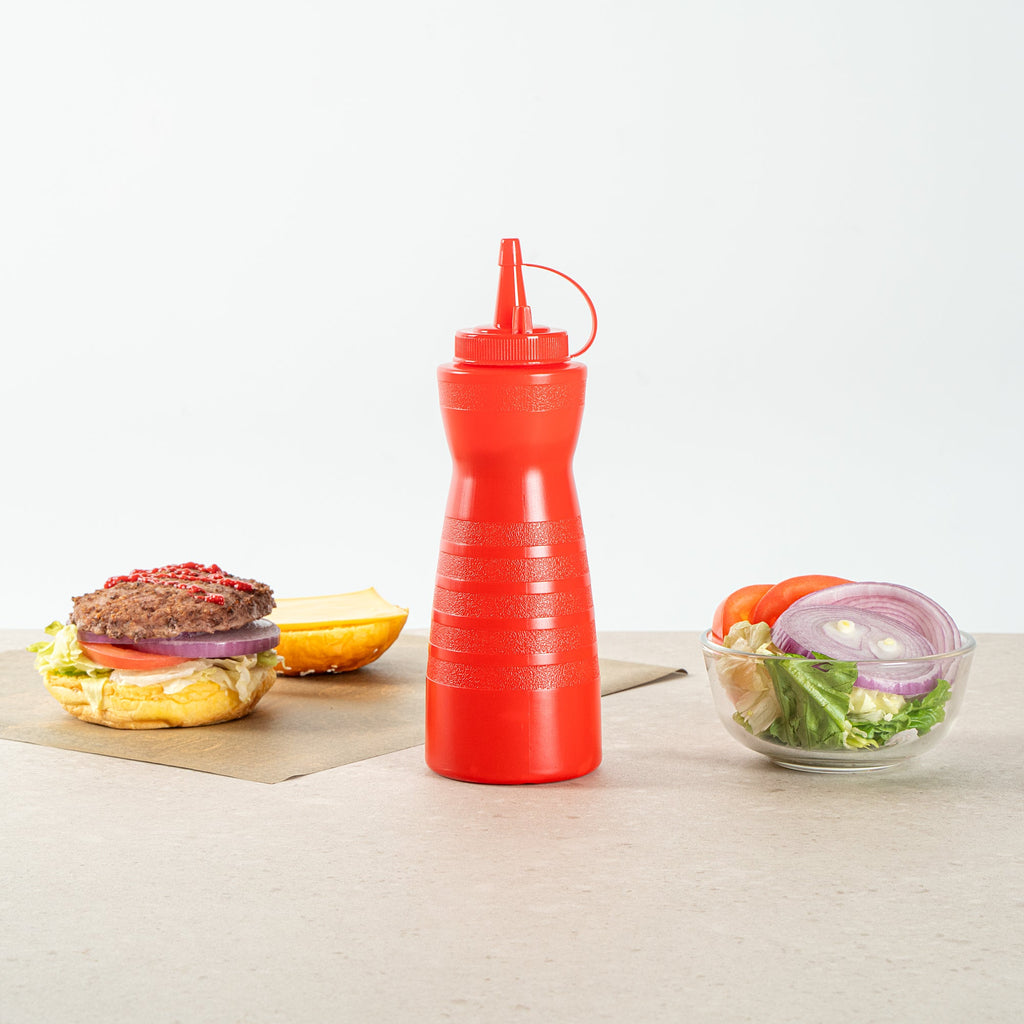 Sauce Tek 16 oz Red Plastic Squeeze Bottle - with Cap - 2 3/4" x 2 3/4" x 7 3/4" - 1 count box