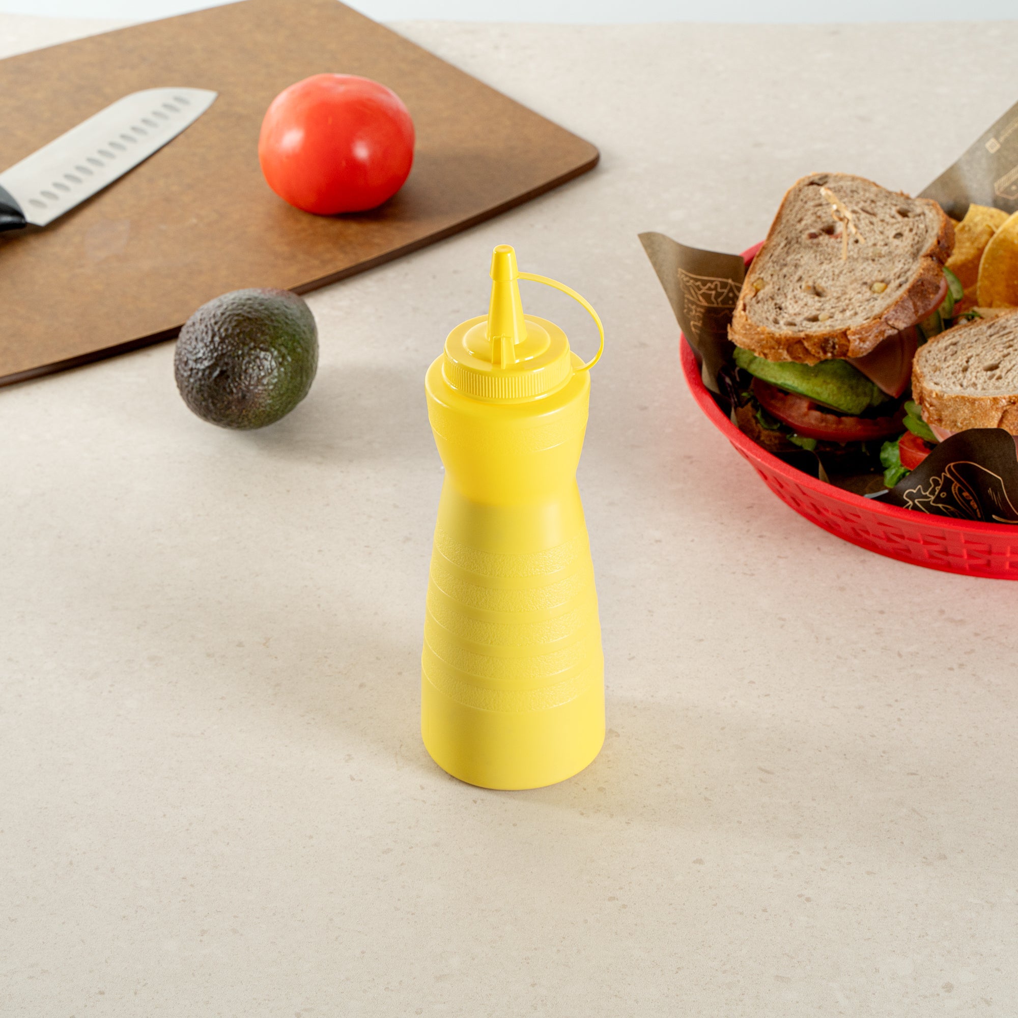 Sauce Tek 16 oz Yellow Plastic Squeeze Bottle - with Cap - 2 3/4" x 2 3/4" x 7 3/4" - 1 count box