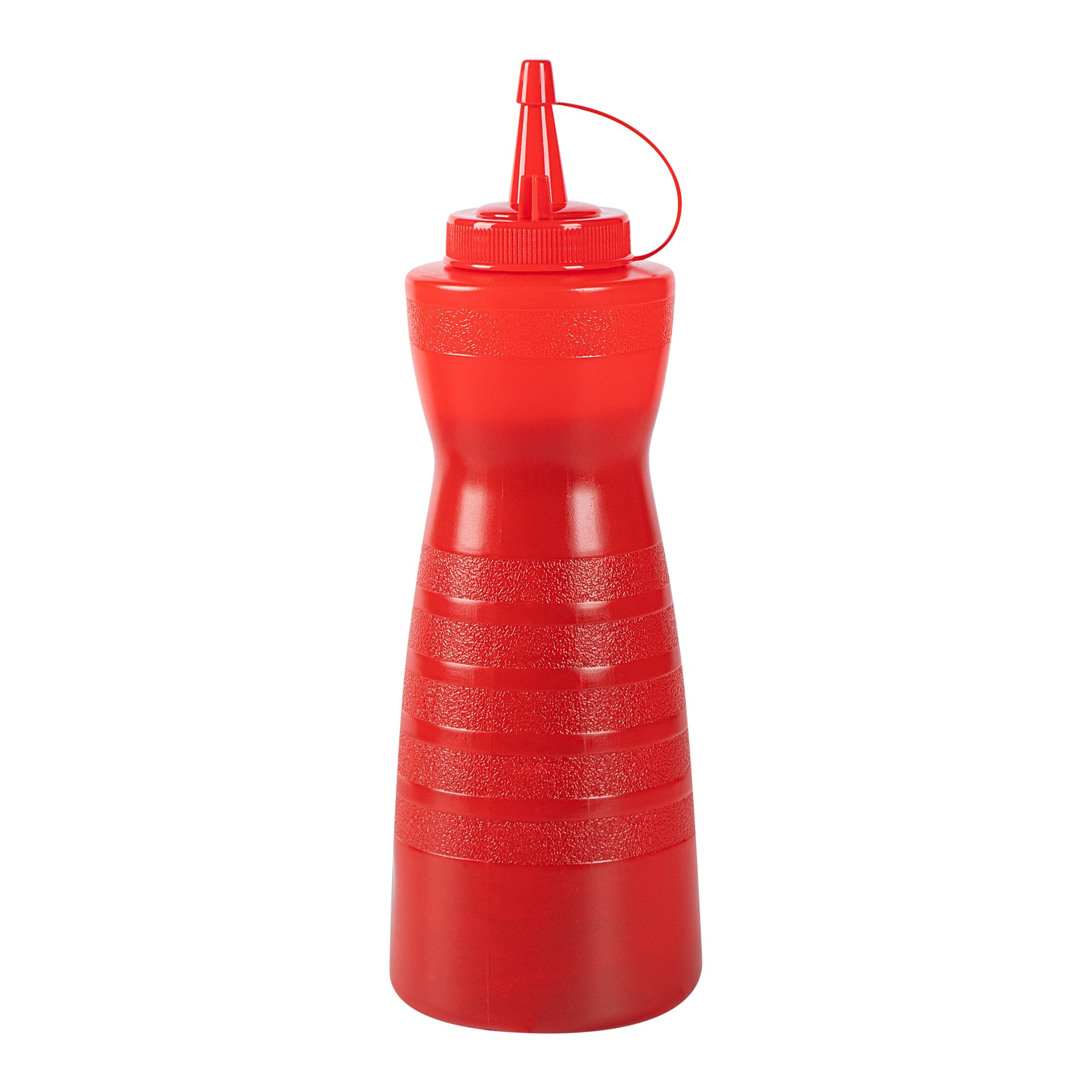 Sauce Tek 24 oz Red Plastic Squeeze Bottle - with Cap - 2 3/4" x 2 3/4" x 10 1/4" - 1 count box