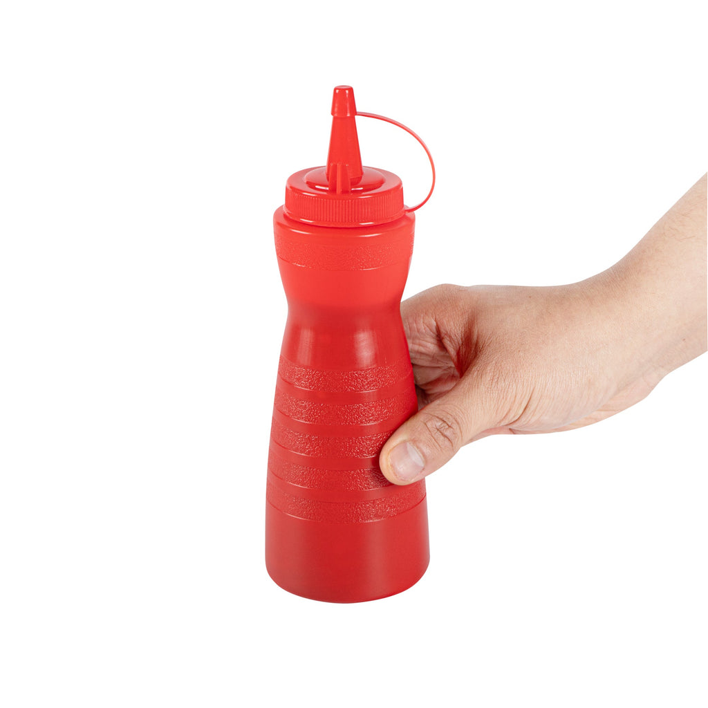 Sauce Tek 24 oz Red Plastic Squeeze Bottle - with Cap - 2 3/4" x 2 3/4" x 10 1/4" - 1 count box