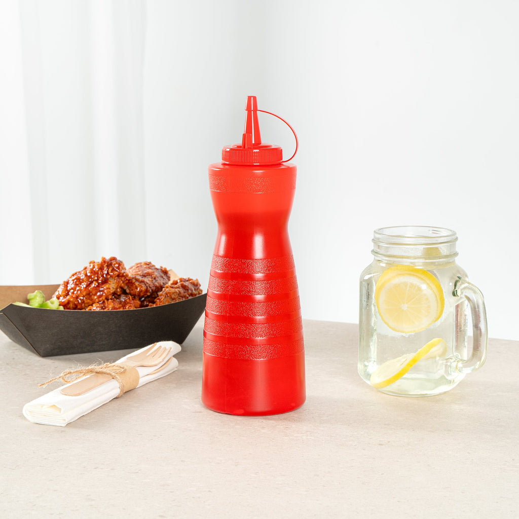 Sauce Tek 24 oz Red Plastic Squeeze Bottle - with Cap - 2 3/4" x 2 3/4" x 10 1/4" - 1 count box