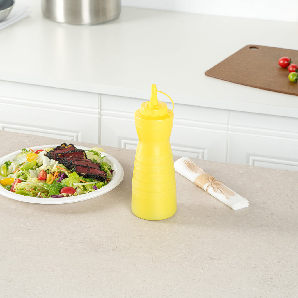 Sauce Tek 24 oz Yellow Plastic Squeeze Bottle - with Cap - 2 3/4" x 2 3/4" x 10 1/4" - 1 count box