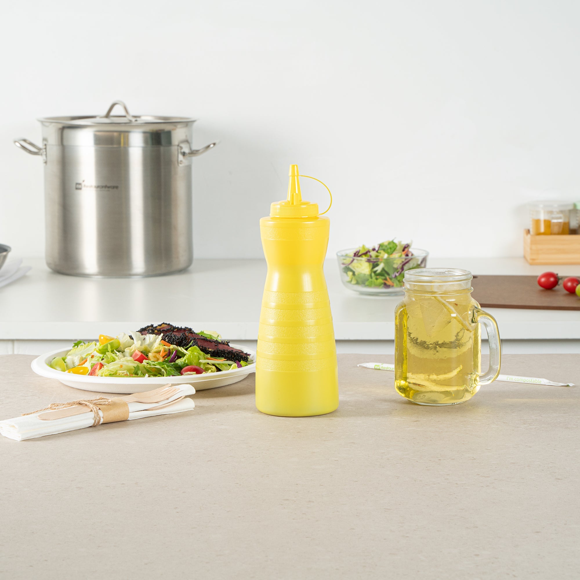 Sauce Tek 24 oz Yellow Plastic Squeeze Bottle - with Cap - 2 3/4" x 2 3/4" x 10 1/4" - 1 count box