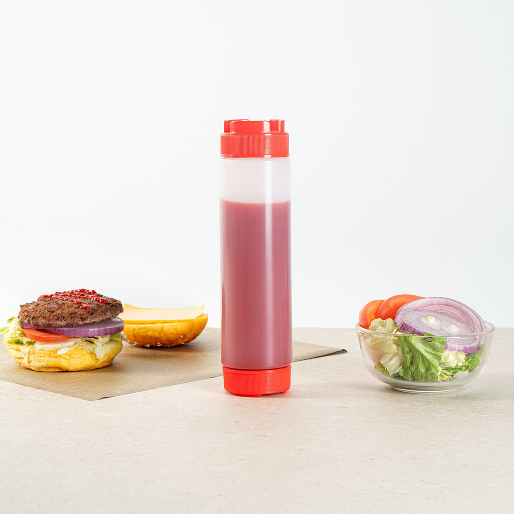 First In First Out 16 oz Red Plastic Squeeze Bottle - Inverted, Refill & Dispensing Lid - 2 1/4" x 2 1/4" x 8 3/4" - 1 count box