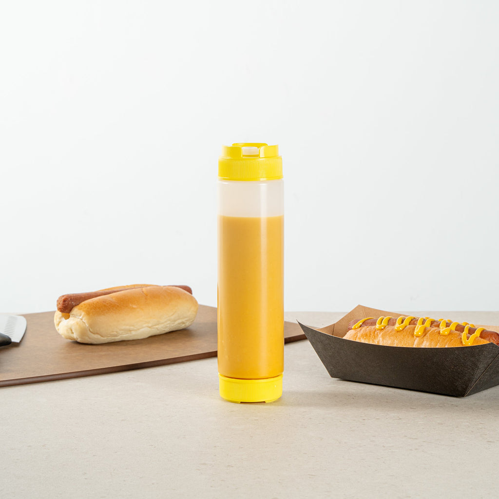 First In First Out 16 oz Round Yellow Plastic Squeeze Bottle - Inverted, Refill & Dispensing Lid - 2 1/4" x 2 1/4" x 8 3/4" - 1 count box